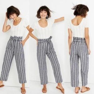 Madewell Striped Linen Blend Paperbag Waist Pants Plus Size 16 Blue White Summer
